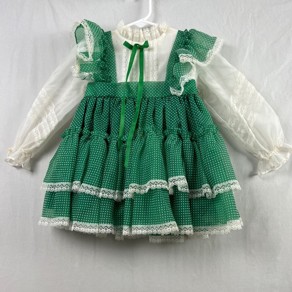 Martha's Miniatures Vintage Dress Kids Size T4 Green Dot Swiss Lace Tiered Bow